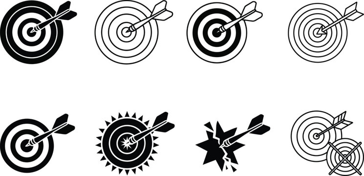Dartboard targets silhouette collection black and white vector illustrations