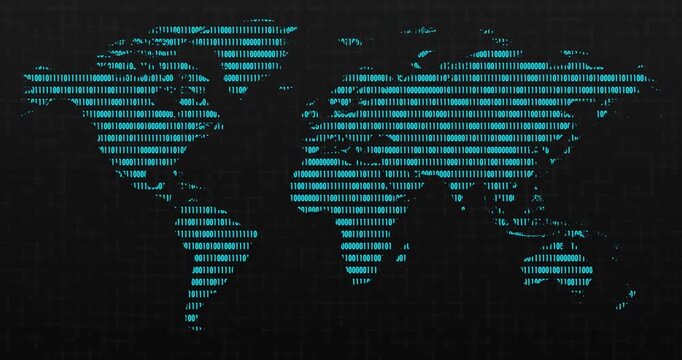 an animation of a blue neon world map with a blinking binary code into the continents and a blurred grid over a dark background