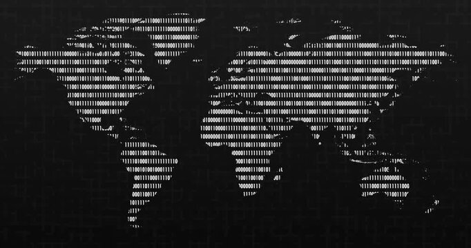an animation of a grey world map with a blinking binary code into the continents and a blurred grid over a dark background