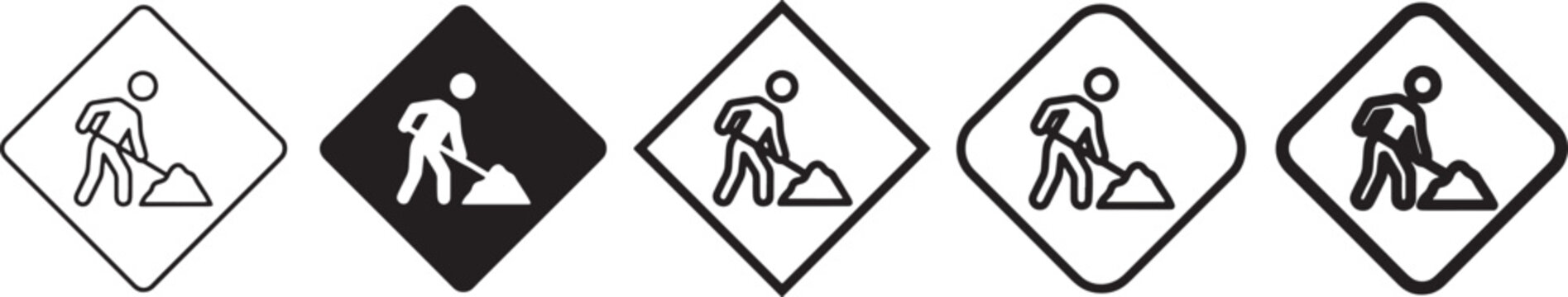 Set of road work warning signs with a construction worker digging icon in various styles including thin line outline bold solid silhouette geometric rounded and bold line design Vector
