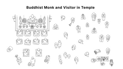 Buddhist Monk Minimal CAD temple and ritual scene drawings set with monks, worshippers, offerings and prayer poses, top view symbols in clean architectural line style for plans and layouts © feipco