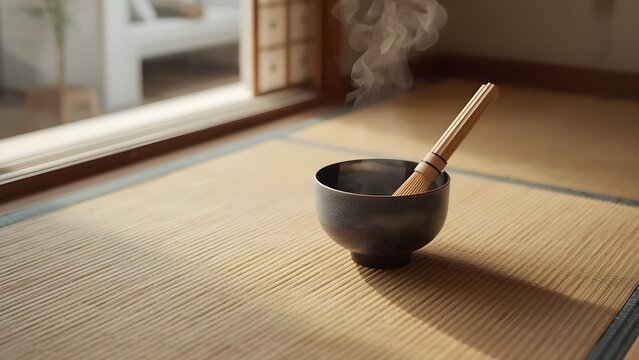 A steaming bowl of matcha tea with a bamboo whisk resting on a traditional japanese tatami mat