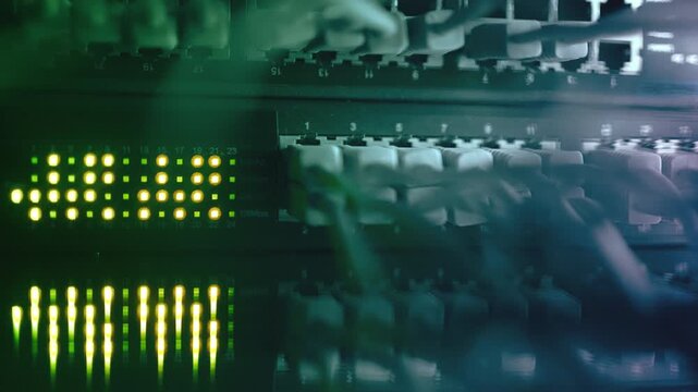 Futuristic High-Speed Data Center Network Connections. Fiber Optic and Ethernet Cables, Server Rack Lights, AI GPU CPU Cloud Computing, Big Data Analytics, Cybersecurity Digital Technology Background
