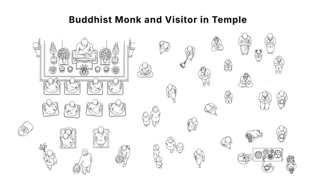 Buddhist Monk Minimal CAD temple and ritual scene drawings set with monks, worshippers, offerings and prayer poses, top view symbols in clean architectural line style for plans and layouts