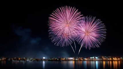 Fototapeta premium Colorful fireworks display over a calm body of water at night, illuminating the skyline with vibrant pink and white bursts