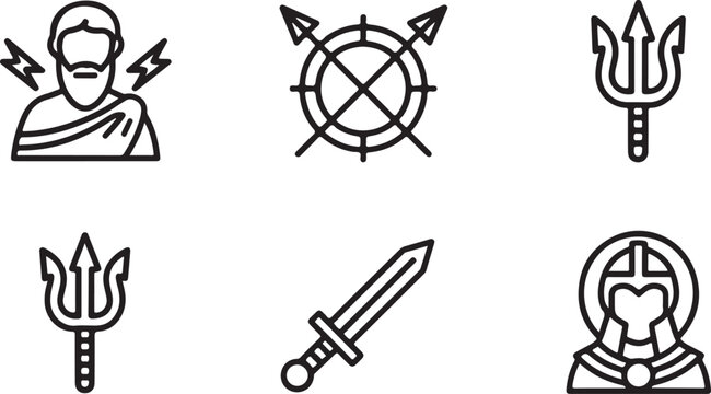 Set of greek mythology icons featuring zeus poseidon trident sword and ancient warrior symbols