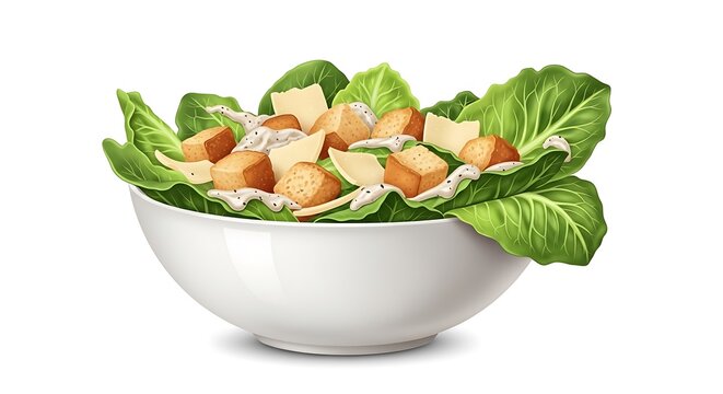 Delicious Caesar salad in a white bowl with croutons and dressing
