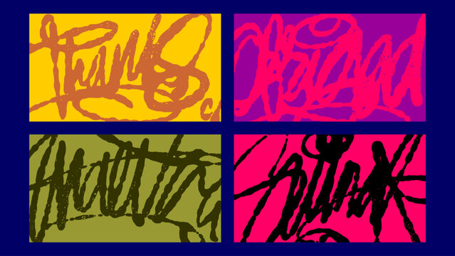 Collection of four urban graffiti backgrounds with bold hand drawn throw-up tags. Creative street art texture set for modern streetwear designs featuring energetic brush strokes and edgy style.