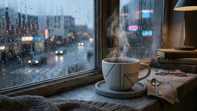 A steaming mug of coffee on a rainy windowsill overlooking a blurred city street at twilight time