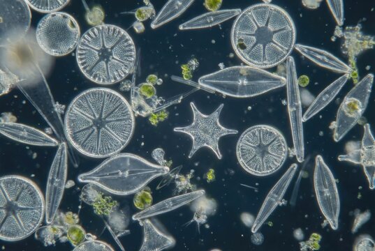 Detailed glass-like silica cell walls of marine diatoms under a microscope