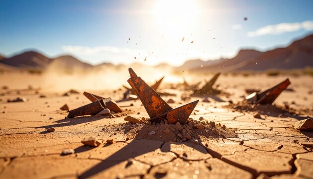 Jagged rusted metal shrapnel fragments scattered across the dry cracked parched earth in a vast barren desert landscape under the bright glowing sun.