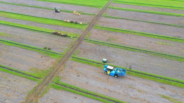Aerial footage of machinery working in a field, harvesting