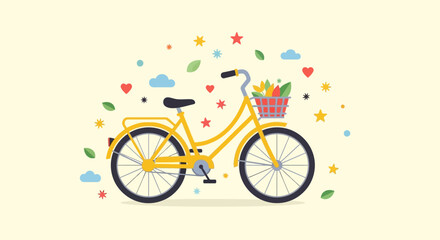 Fototapeta premium Cheerful yellow bicycle with flowers and whimsical shapes, a flat vector illustration depicting joyous spring rides and eco-friendly leisure