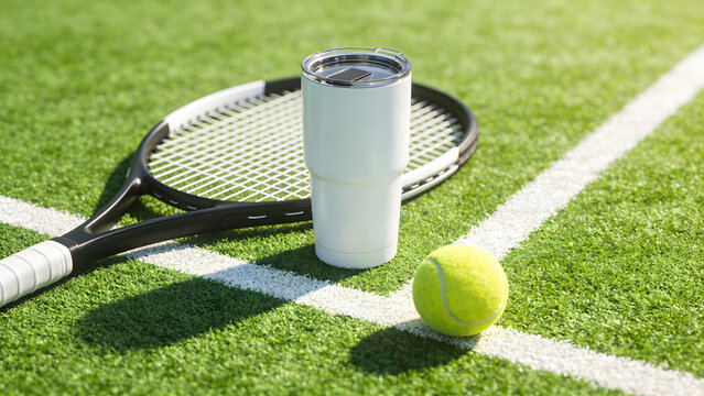 A tennis  racket with a yellow ball on the green grass of an outdoor sports court during a summer leisure activity