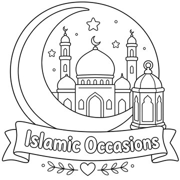 Islamic Occasions Coloring Page - Mosque with Crescent Moon and Lantern Outline Illustration