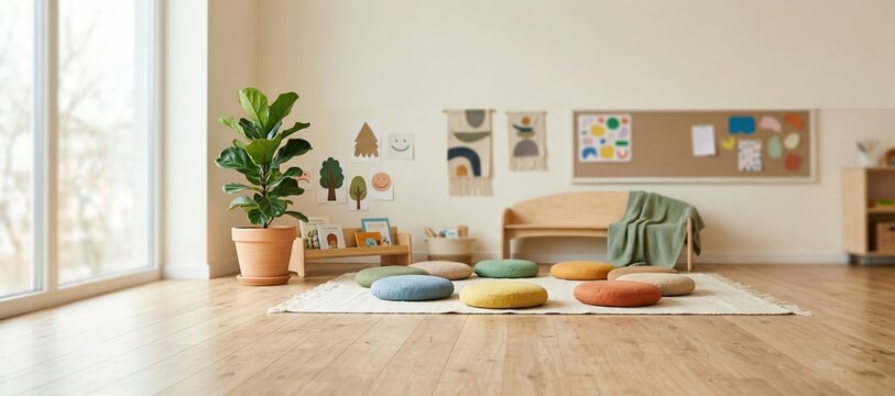 Scene empty inclusive classroom corner with circle of colorful floor cushions