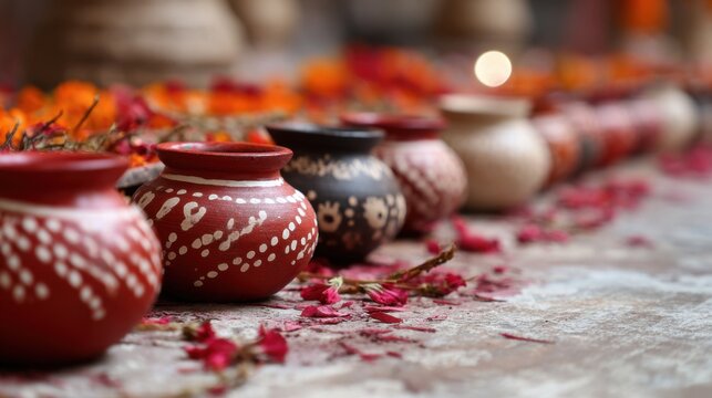 Traditional indian painted clay pots decorated with marigolds for diwali festival background for design card poster