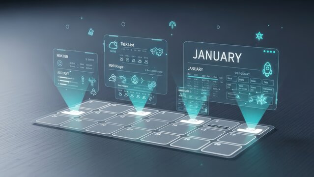 Interactive digital calendar interface with data visualization and holographic display