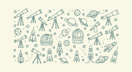 Astronomy Space Doodle Illustration with Telescopes Rockets Planets and Stars in Line Art Style © Salma
