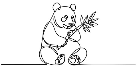 Cute panda bear sitting and eating a bamboo branch drawn in a continuous single black line style art illustration for your project Vector, illustration © Anima Rani