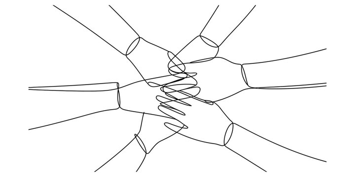Group of people joining hands together in a circle as a symbol of unity and teamwork drawn in a simple continuous line art style Vector, illustration