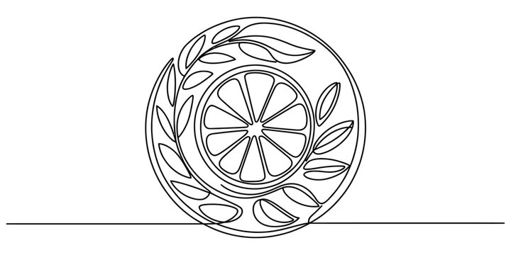 Continuous single line drawing of a lemon slice inside a circular frame with leaves for food and drink logo design element Vector, illustration