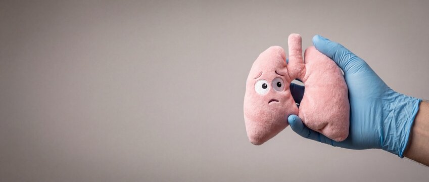 Gloved hand holding a sad plush lungs toy. Respiratory health and lung disease awareness concept