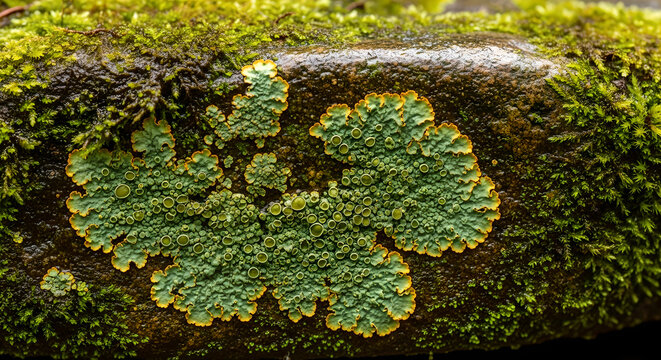 Mossy stone, lichen on rock, green nature texture, close-up, natural patterns