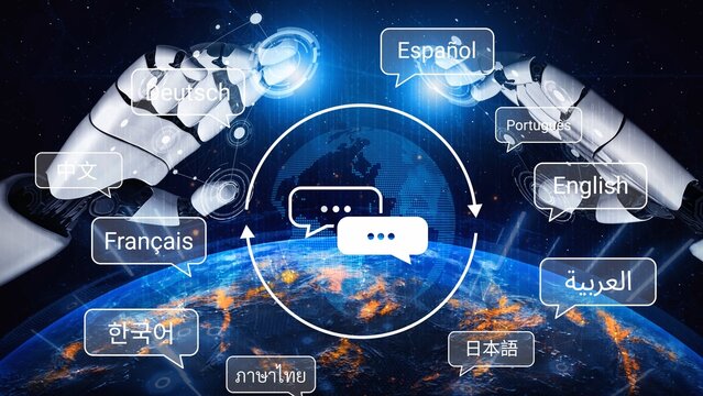 Futuristic Concept of Multilingual Communication with Robot Hands and Global Language Interaction on Earth in a Digital Space Environment Gluon.
