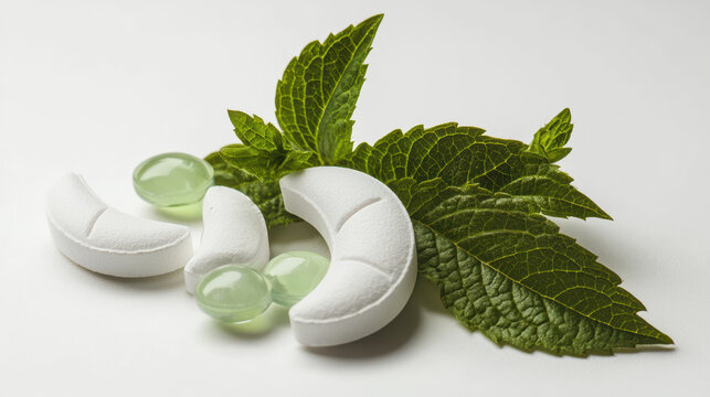 Crescent shaped mint tablets arranged artfully with fresh green mint leaves and transparent menthol drops on a pristine white surface create a cool presentation.