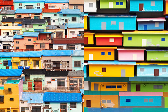 South Korea. Busan. A view of colorful houses at the Gamcheon Cultural Village.
