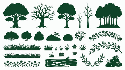 Set of green vector nature elements: trees, bushes, grass, plants, log and stones © Hexaview