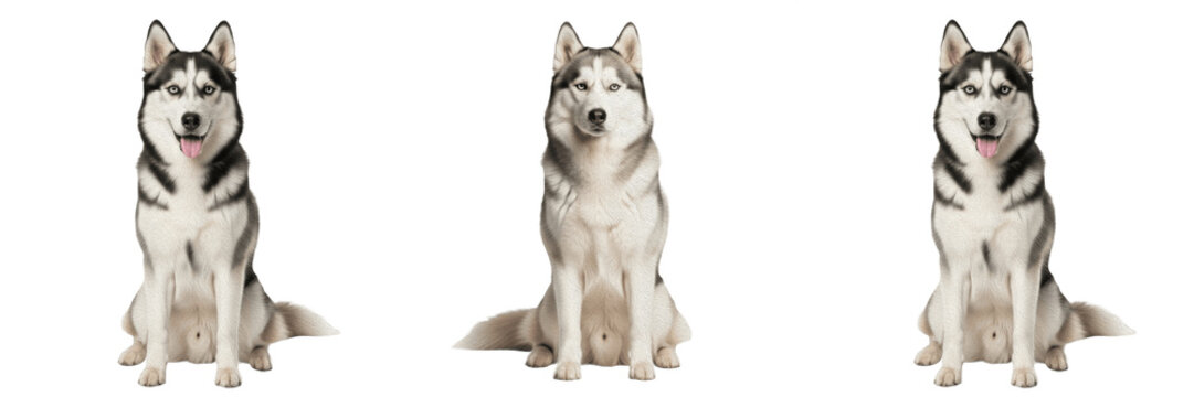 Beautiful Siberian Husky Dog With Blue Eyes Sitting Isolated On Transparent Background PNG Pet Set