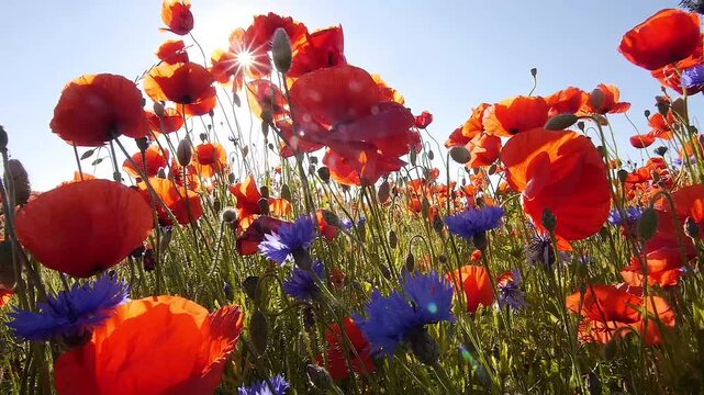 blooming poppies with cornflowers, close 49