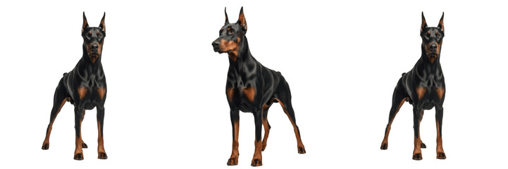 Fototapeta premium Powerful Black And Tan Doberman Pinscher Dog Isolated On Transparent Background PNG Pet Guard Set