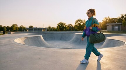 Fototapeta premium Trendy person in colorful 1990s sportswear walking past empty skatepark