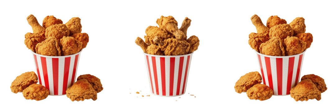 Crispy Golden Fried Chicken Wings In Paper Bucket Isolated On Transparent Background PNG Food Set