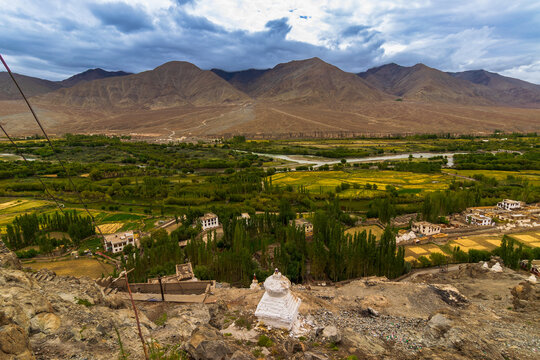 View of Himalayas from top of Spituk Monastery, Spituk Gompa or Pethup Gompa, Buddhist monastery in Spituk, Leh district, Ladakh, India. Surrounded by Himalayan mountains, known for natural beauty.