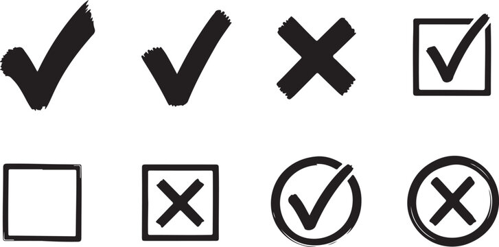 Black check, cross, square, and circle on white background, black check mark, cross mark desi