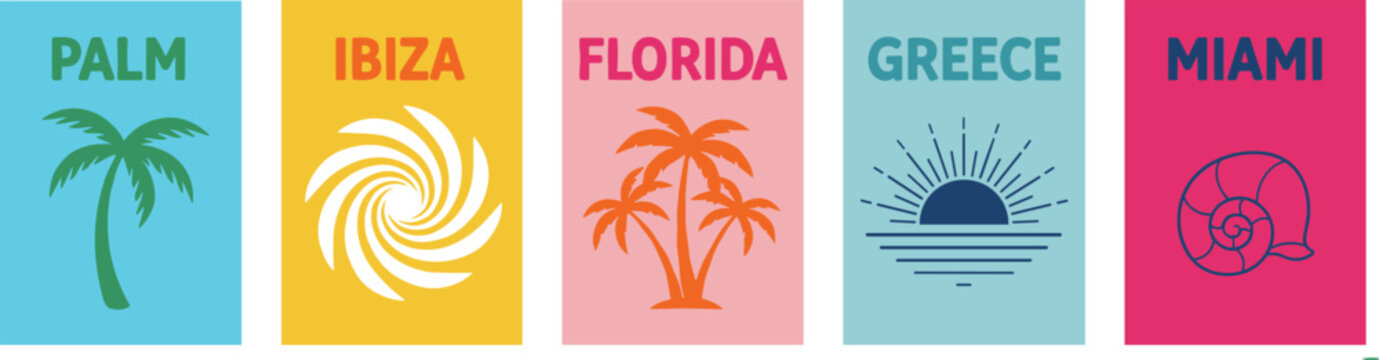Five colorful travel posters for palm, ibiza, florida, greece, and miami with destination symbols.