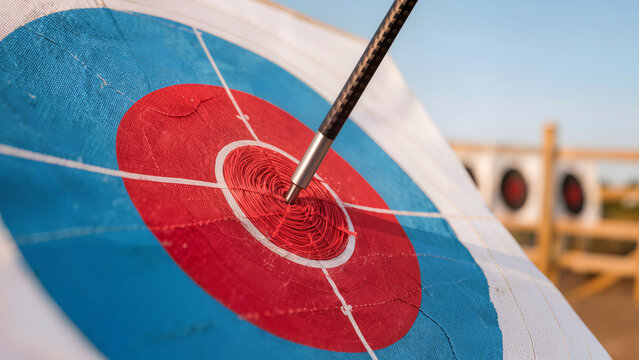 Arrow hitting the bullseye of a target, concept of success, precision and target achievement.