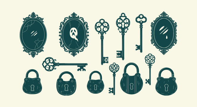 Vintage Gothic Mystery Elements Set with Antique Skeleton Keys Ornate Mirrors and Old Padlocks Icons