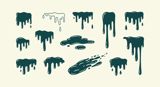 Collection of hand drawn dripping liquid paint slime and goo splatters set dark ink blobs doodles