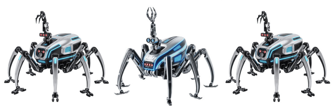 Futuristic Mechanical Sci-Fi Spider Robot Drone Character Isolated On Transparent Background PNG Gaming Asset Set