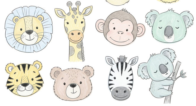 Cartoon animal faces collection isolated on transparent background