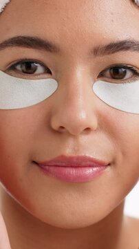 Eye patch, cosmetics and face with woman for self care, beauty and skincare portrait. Collagen benefits, dermatology and facial mask with closeup of female person for glow, shine and treatment