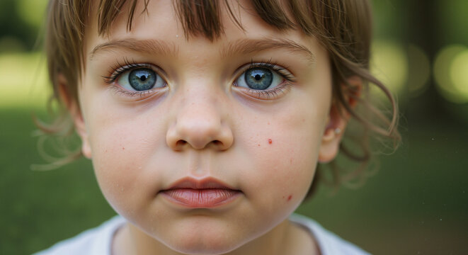 A small child with blue eyes and insect bite marks on his face calmly looks out onto the street in summer.