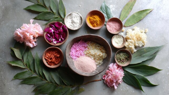 Herbal spa ingredients and floral powders arrangement with petals and leaves for wellness design, card, poster, background, natural beauty label and cosmetic packaging