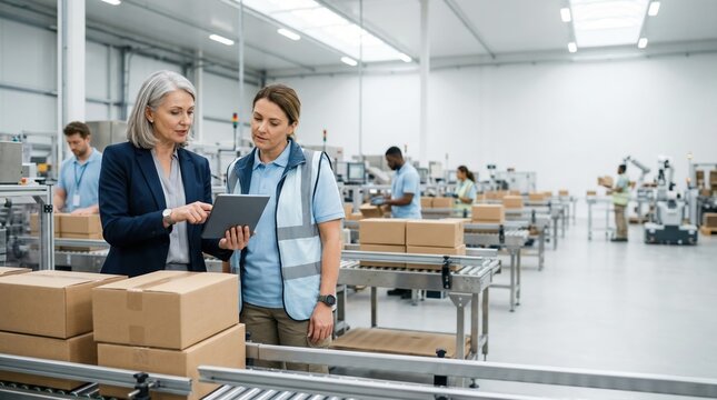 Senior businesswoman and factory supervisor discussing tablet on left third of factory floor