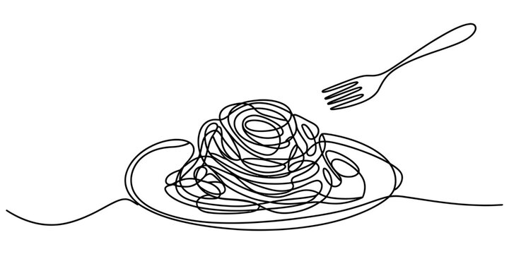Continuous single line drawing of a plate of spaghetti pasta noodles and a metal fork for dining and kitchen restaurant branding Vector, illustration